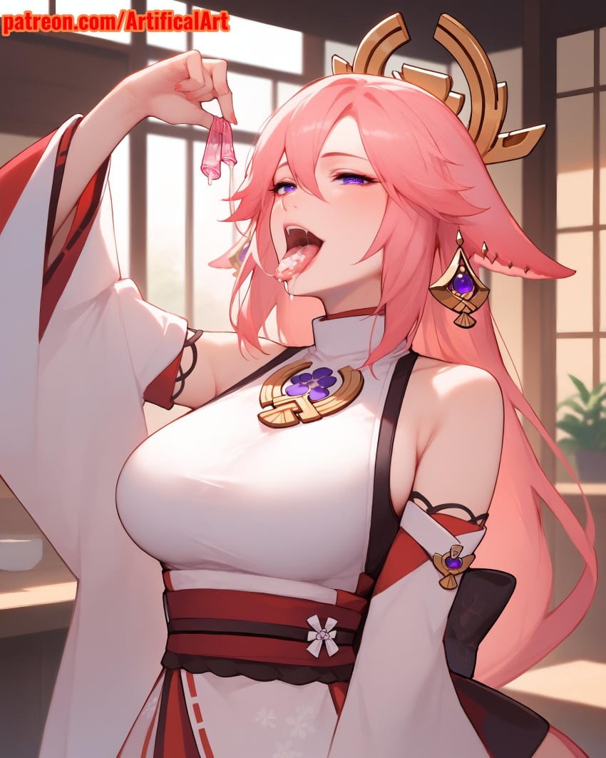 1girls ai_generated animal_ears artifical_art condom cum cum_on_tongue earrings fox_ears genshin_impact hair_ornament jewelry kitsune long_hair open_mouth perfect_body pink_hair purple_eyes semen semen_on_tongue tongue_out used_condom yae_miko yae_miko_(genshin_impact)