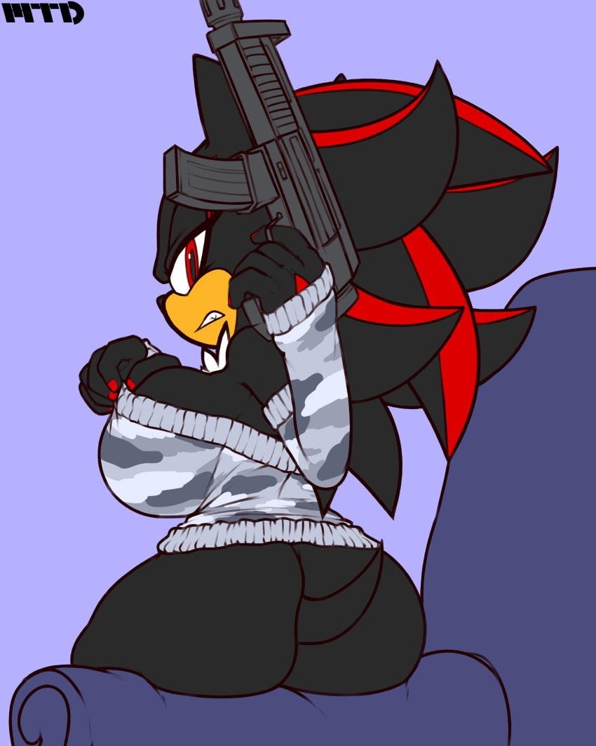 2016 4:5 absurd_res annoyed anthro arm_warmers armwear artist_name ass bad_trigger_discipline big_breasts big_butt blue_background bottomless breasts camo camo_clothing camo_print camo_sweater camo_topwear clenched_teeth clothed clothing colored_nails eulipotyphlan female furniture gun hedgehog hi_res holding_gun holding_object holding_ranged_weapon holding_submachine_gun holding_weapon huge_breasts looking_at_viewer looking_back looking_back_at_viewer mammal marthedog mtf_crossgender nails on_sofa pattern_clothing pattern_sweater pattern_topwear purple_background ranged_weapon rear_view red_eyes red_nails rule_63 sega shadow_the_hedgehog simple_background sitting sitting_on_ledge sitting_on_sofa sleeveless_sweater sofa solo sonic_(series) sonic_the_hedgehog_(series) submachine_gun sweater tail teeth topwear weapon