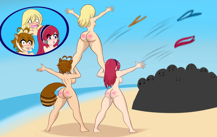 3girls ass audience beach bikini blazblue blonde_hair blue_eyes blue_hair blush brown_hair butt crowd embarrassed embarrassed_nude_female enf female_only human_pyramid limbros long_ears makoto_nanaya multiple_girls naked noel_vermillion nude parody pop_goes pose red_hair shock short_hair sling_bikini squirrel_ears squirrel_tail streaking tail tsubaki_yayoi wardrobe_malfunction