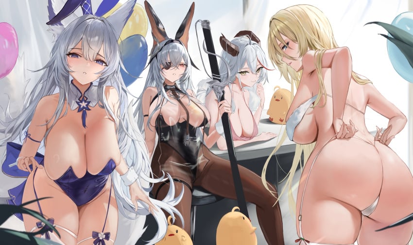 aegir_(azur_lane) aegir_(one-on-one_leisure_time)_(azur_lane) ass azur_lane big_breasts bismarck_(azur_lane) bismarck_(unpacked_surprise)_(azur_lane) breasts bunny_ears bunnysuit cleavage fritz_rumey_(azur_lane) fritz_rumey_(schwarzes_kaninchen)_(azur_lane) grey_hair multiple_girls shinano_(azur_lane) shinano_(visions_of_fantasy)_(azur_lane) skimpy stockings