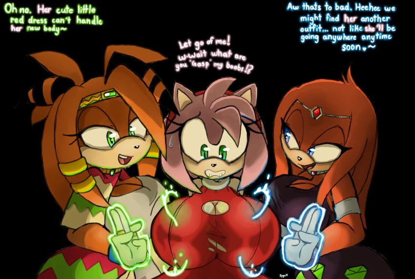 amy_rose big_breasts breast_expansion dialogue fan_character glowing oc roga14 sega sonic_(series) sonic_the_hedgehog_(series) torn_clothes