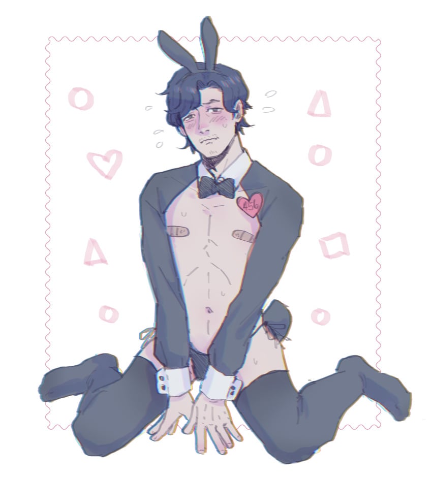 020276_10387141 bandaids_on_nipples black_hair blush bow_panties bowtie brown_eyes bun-hun bunny_ears bunny_tail bunnysuit cuffs_(clothing) facial_hair heart_symbol long_hair male_only midriff seong_gi-hun sitting_on_floor solo_male squid_game sweatdrop thigh_highs thong