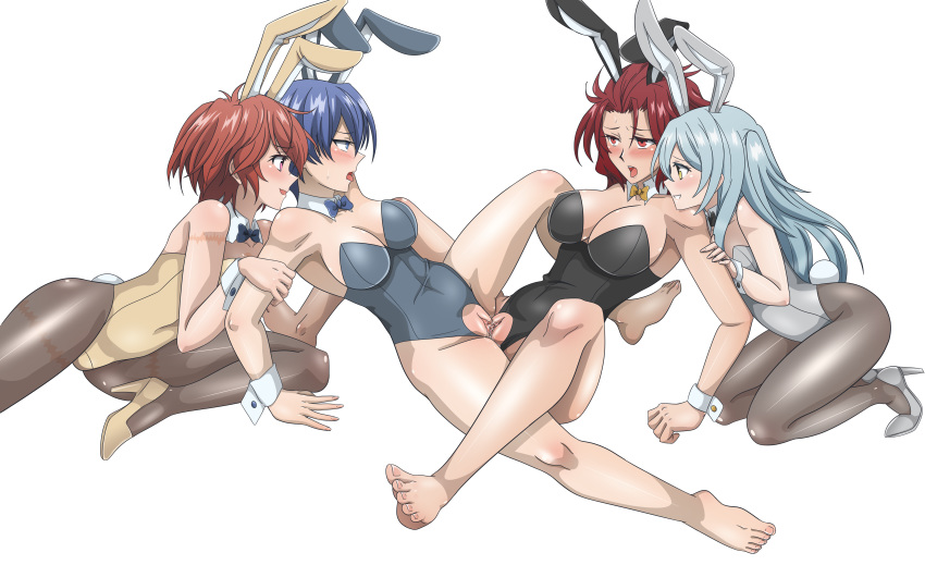 4girls absurdres akuma_no_riddle animal_ears arm_support azuma_tokaku bare_legs bare_shoulders barefoot blue_eyes blue_hair blush bottomless bow bowtie breasts bunny_ears bunny_girl bunny_tail bunnysuit clitoris clothed_sex clothing collar commission eye_contact eyebrows_visible_through_hair fake_animal_ears hand_on_another's_arm highres ichinose_haru kirigaya_hitsugi large_breasts leaning_back leenvidia light_blue_hair long_hair looking_at_another medium_breasts medium_hair messy_hair multiple_girls namatame_chitaru open_mouth pantyhose pink_eyes pussy pussy_juice red_eyes red_hair scar shiny shiny_hair shiny_skin shoes sitting small_breasts smile spread_legs tail teeth tongue tongue_out transparent_background tribadism twintails uncensored wrist_cuffs yellow_eyes yuri