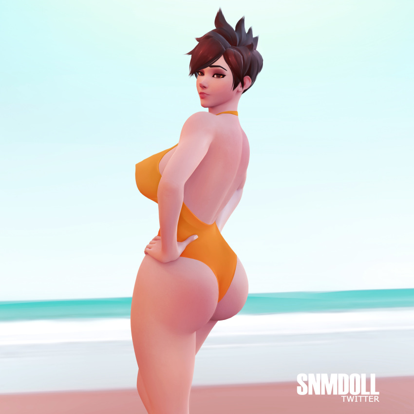 3d ass bikini looking_at_viewer overwatch pose posing round_ass snmdoll tracer