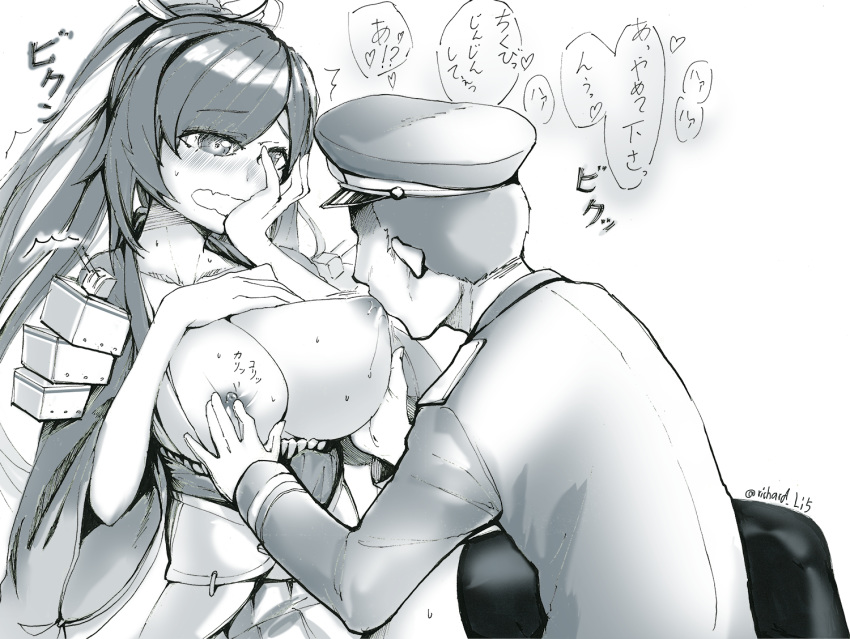 1boy breast_sucking breasts breasts_out embarrassed female large_breasts monochrome nipples ponytail richard_rii shinano_(warship_girls_r) warship_girls_r