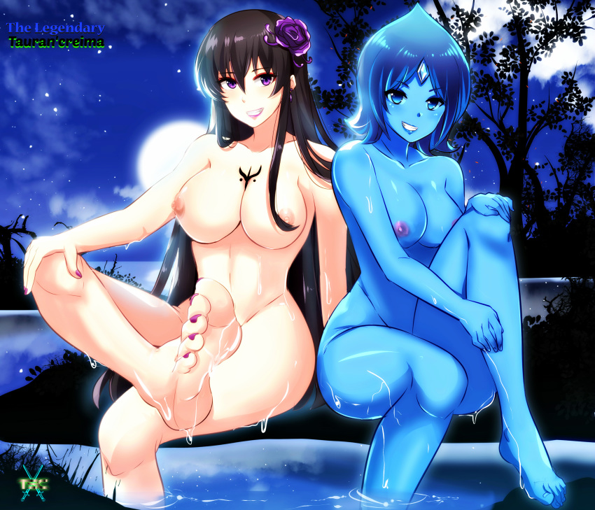 2girls areolae bangs barefoot black_hair blue_eyes blue_hair blue_skin breasts deathelena_recreigialas earrings eyebrows_visible_through_hair eyeliner feet female female_only flower flower_in_hair grin highres jewelry lipstick logo long_hair looking_at_viewer multiple_girls night nipples original original_characters painted_toenails pov_feet purple_eyes sacredcourage short_hair sitting teeth the_legendary_tauran'creima the_legendary_tauran'creima:_star_beings_of_the_universe toes velcrimia_celestia wet wet_skin