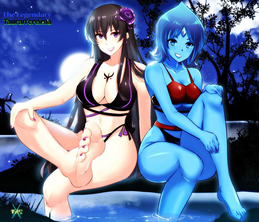 2girls areolae bangs barefoot bikini black_hair blue_eyes blue_hair blue_skin bra breasts deathelena_recreigialas earrings eyebrows_visible_through_hair eyeliner feet female female_only flower flower_in_hair grin highres jewelry lipstick logo long_hair looking_at_viewer night nipples original original_characters painted_toenails pov_feet purple_eyes sacredcourage short_hair sitting teeth the_legendary_tauran'creima the_legendary_tauran'creima:_star_beings_of_the_universe toes underwear velcrimia_celestia wet wet_skin