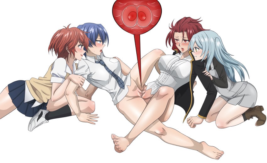 4girls absurdres akuma_no_riddle arm_support azuma_tokaku bare_legs barefoot black_shirt blue_eyes blue_hair blush boots bottomless breasts clitoris clothed_sex clothing commission cross_section eye_contact eyebrows_visible_through_hair female female_fertilization female_only femdom femsub hand_on_another's_arm highres ichinose_haru jacket kirigaya_hitsugi large_breasts leaning_back leenvidia lezdom light_blue_hair long_hair looking_at_another medium_breasts medium_hair messy_hair multiple_girls namatame_chitaru necktie open_mouth ovum pink_eyes pussy pussy_juice red_eyes red_hair scar shiny shiny_hair shiny_skin shirt shoes sitting skirt small_breasts smile socks spread_legs teeth tongue tongue_out transparent_background tribadism twintails uncensored vest white_shirt yellow_eyes yuri