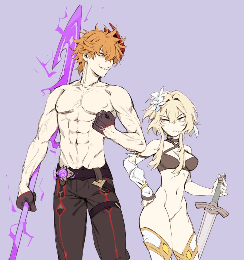 1boy abs aura bangs bare_shoulders blonde_hair bottomless earrings female flower genshin_impact gloves hair_between_eyes hair_flower hair_ornament highres hilimuc jewelry lumine_(genshin_impact) mask mask_on_head orange_hair polearm pussy single_earring sword tartaglia_(genshin_impact) thighhighs toned toned_male vision_(genshin_impact) weapon yellow_eyes