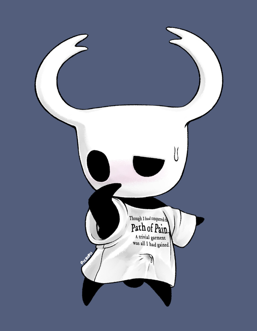 2020 absurd_res arthropod balls black_body black_skin blush bodily_fluids bulge clothing cum english_text erection erection_under_clothing genital_fluids genitals hi_res hollow_knight insects male male_only oversized_shirt picaipii protagonist_(hollow_knight) shirt simple_background solo standing sweat team_cherry text topwear vessel_(species) video_games white_clothing white_shirt white_topwear