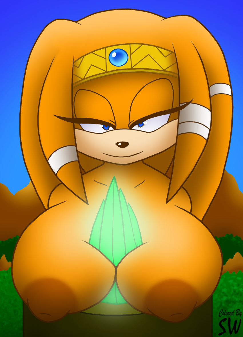 1girls anthro areolae big_breasts blue_eyes breasts colored dreadlocks echidna emerald female female_only furry furry_only hair jewel large_breasts mammal monotreme nipples orange_fur sega shadowwalk solo sonic_(series) squeezing tikal_the_echidna video_games watermark