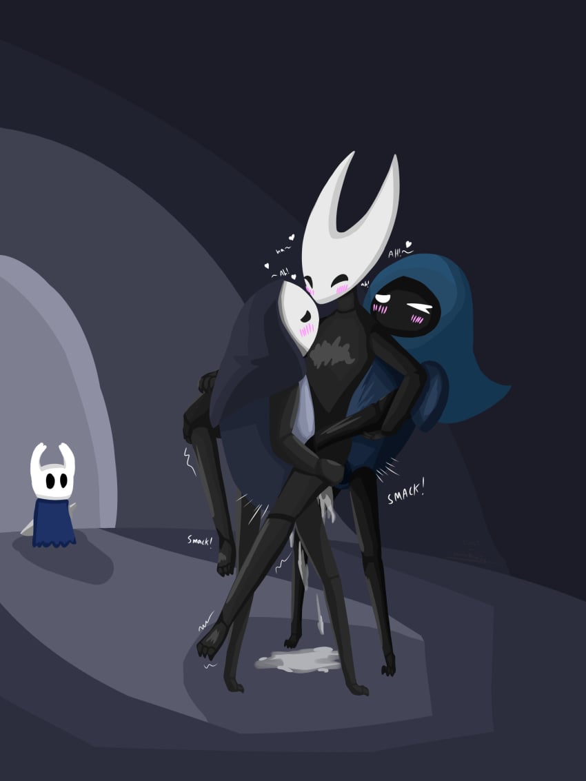 3:4 arthropod artist_request being_watched black_eyes blush bodily_fluids carrying cum dialogue double double_penetration female genital_fluids group group_sex hi_res hollow_knight hood hornet_(hollow_knight) insects leg_grab looking_at_another male motion_lines nude one_eye_closed penetration protagonist_(hollow_knight) quirrel sandwich_position sex shaking standing straight team_cherry tiso_(hollow_knight) trembling video_games