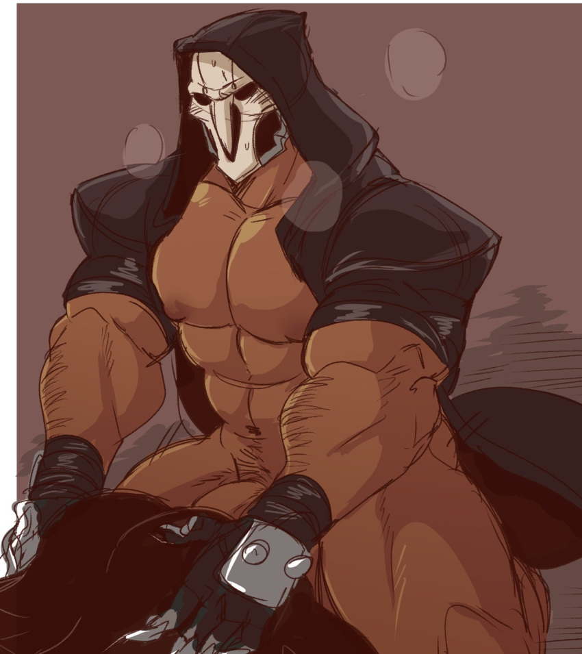 ass bara black_cape black_gloves brown_skin convenient_censoring gay hood juggermelon male_only mask muscle nipples overwatch overwatch_2 pecs penis reaper smoke