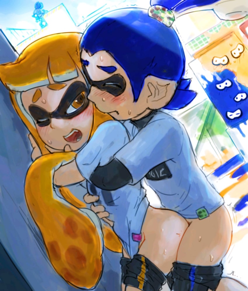 anthro ass being_watched blue_hair blue_inkling_boy blush boyfriend-girlfriend cephalopod cephalopod_humanoid closed_eyes cute exhibitionism female humanoid inkling inkling_boy inkling_girl inkling_squid john_(splatoon) kabeu_mariko kaori_(splatoon) light_skin male male/female mask_(marking) nintendo one_eye_closed orange_hair orange_inkling_girl pointy_ears sex splatoon squid straight tentacle tentacle_hair wholesome