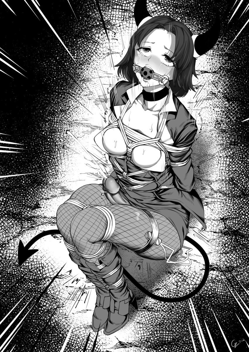 absurdres ahe_gao ball_gag bondage boots bound chen_zi choker cum demon_girl demon_horns demon_tail drooling ejaculation epis female fishnets futa_only futanari gag gagged high_heel_boots high_heels highres horns king's_raid penis rope rope_bondage short_hair smile succubus tail tears tied_up uniform vibrator