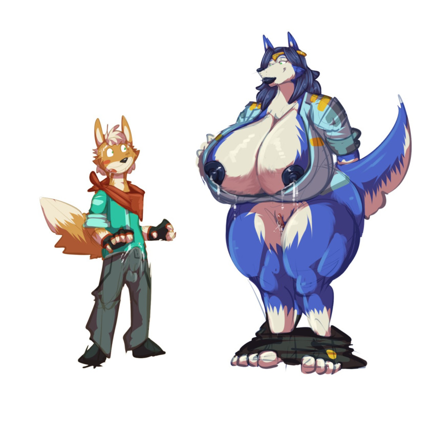 1:1 1boy 1girls alternate_breast_size anthro big_breasts blush bobert bodily_fluids bottomwear breasts bulge canid canine chubby clothed clothing drooling erection female fingerless_gloves fox fox_mccloud furry genital_fluids gloves handkerchief handwear hi_res huge_breasts hyper hyper_breasts krystal lactating lactation larger_female looking_at_another male mammal nintendo nipples open_mouth overweight overweight_female pants pants_down partially_clothed pussy pussy_juice saliva simple_background size_difference smaller_male smile star_fox sweat thick_thighs video_games wet white_background wide_hips