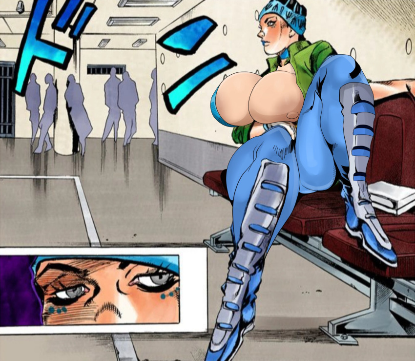 1girls big_breasts black_hair breasts detnox edit female female_only gwess hirohiko_araki huge_breasts human jojo's_bizarre_adventure light-skinned_female light_skin long_hair manga prison prisoner public screenshot_edit shounen_jump stone_ocean thick_thighs wardrobe_malfunction