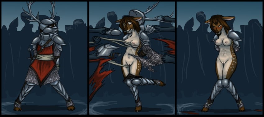 anthro armor assisted_exposure blush bound breasts captured cervid clothing comic crowd destroyed_clothing embarrassed embarrassed_nude_female enf female female_only forced_nudity furry genitals group hair hands_tied hooves knees_together knees_together_feet_apart knight lonelyworld lost_clothes mammal melee_weapon navel nipples nude only_one_naked pigeon-toed public_exposure public_nudity pussy surprise sword torn_clothing warrior weapon