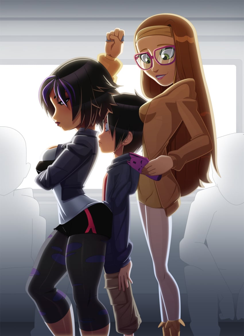 1boy 2girls ass ass_press big_ass big_breasts big_hero_6 breast_press breasts cleavage disney female gogo_tomago hiro_hamada honey_lemon large_breasts male marvel ravenravenraven sandwiched straight yoga_pants