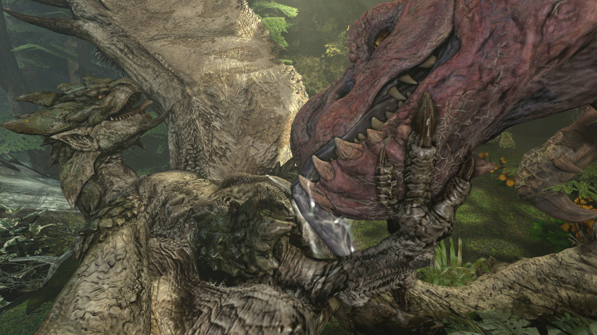 3d anjanath barlu bodily_fluids brute_wyvern capcom claws cum dinosaur dragon female forest furry genital_fluids hi_res licking male monster_hunter rath_wyvern rathian reptile scales scalie teeth tongue tongue_out tree video_games wings wyvern