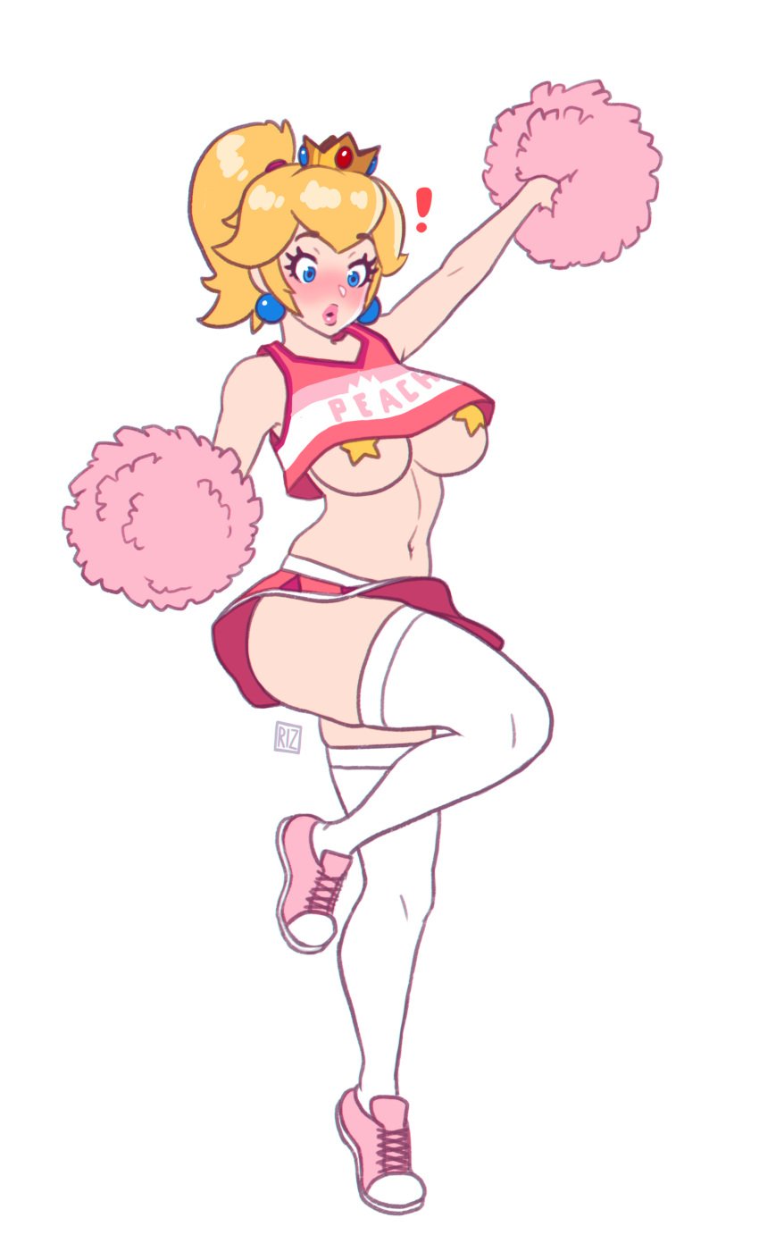 ! 1girls accidental_exposure big_ass big_breasts blonde_hair blue_eyes blush breasts cheerleader cheerleader_uniform clothing crop_top crown earrings female female_only full_body human human_only jewelry jumping large_breasts looking_down mario_(series) midriff navel nintendo no_bra pasties pink_lipstick pink_pom_poms pom_poms ponytail princess_peach rizdraws royalty shirt simple_background skindentation skirt sneakers solo standing standing_on_one_leg star star_pasties stockings surprised thighhighs thighs tied_hair underboob white_background year_request yellow_pasties zettai_ryouiki