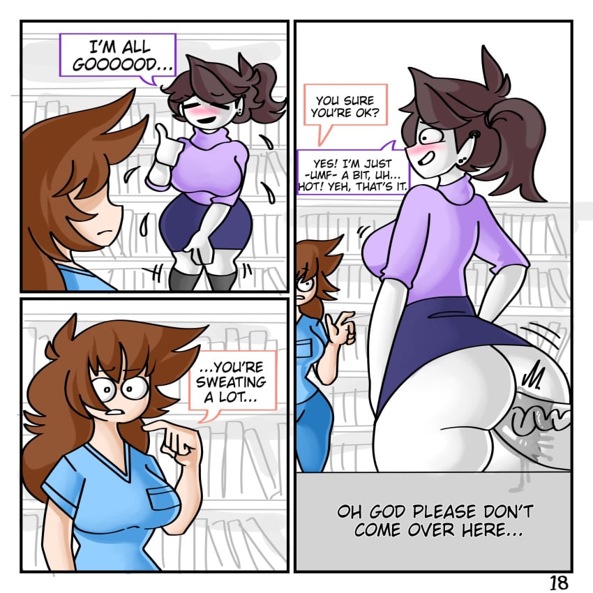 1boy 2girls anal anal_sex anon anor3xia ass_focus big_ass bimbo blue_skirt bottomless bubble_ass bubble_butt butt_focus clothed_sex comic english_text female height_difference huge_ass huge_breasts huge_cock jaiden jaiden_animations jaiden_dittfach library male miniskirt multiple_girls page_18 pencil_skirt penis penis_vein sex sex_in_skirt shannon_gurr shgurr skirt skirt_lift sweating text thick_ass thick_penis thick_thighs thighs tight_skirt wide_hips youtube youtuber