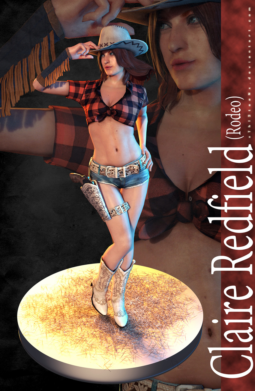 3d alternate_costume athletic bare_legs bare_midriff beauty_mark blue_eyes boots bracelet breasts brown_hair busty capcom claire_redfield claire_redfield_(rodeo) cleavage cowboy_boots cowboy_hat cowgirl crop_top curvaceous curvy eyelashes female female_focus female_only firearm fit fit_female flanel_shirt full_body gun hand_on_hip handgun holster hourglass_figure human long_hair medium_breasts pinup pose posing resident_evil resident_evil_revelations_2 revolver short_shorts solo standing tagme thick_thighs tied_shirt voluptuous weapon wide_hips