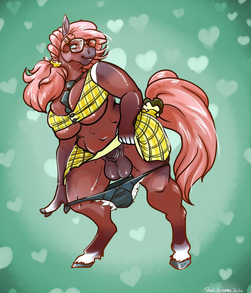 balls big_breasts breasts clothing curvaceous curvy_figure danji-isthmus equid equine eyewear genitals glasses gynomorph hi_res horse intersex mammal panties rainstorm school_uniform slightly_chubby solo underwear uniform voluptuous