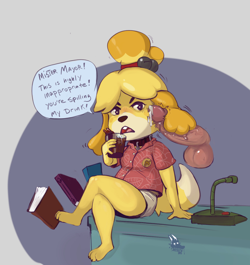 animal_crossing anthro balls beverage black_eyes blush bodily_fluids book canid canine canis clothed clothing collar cum cum_on_face desk dialogue domestic_dog english_text female female_focus fur furniture genital_fluids genitals hair hi_res isabelle_(animal_crossing) male mammal newd nintendo open_mouth penis penis_on_face shih_tzu sitting solo_focus straight sweat teeth text tongue toy_dog video_games yellow_body yellow_fur