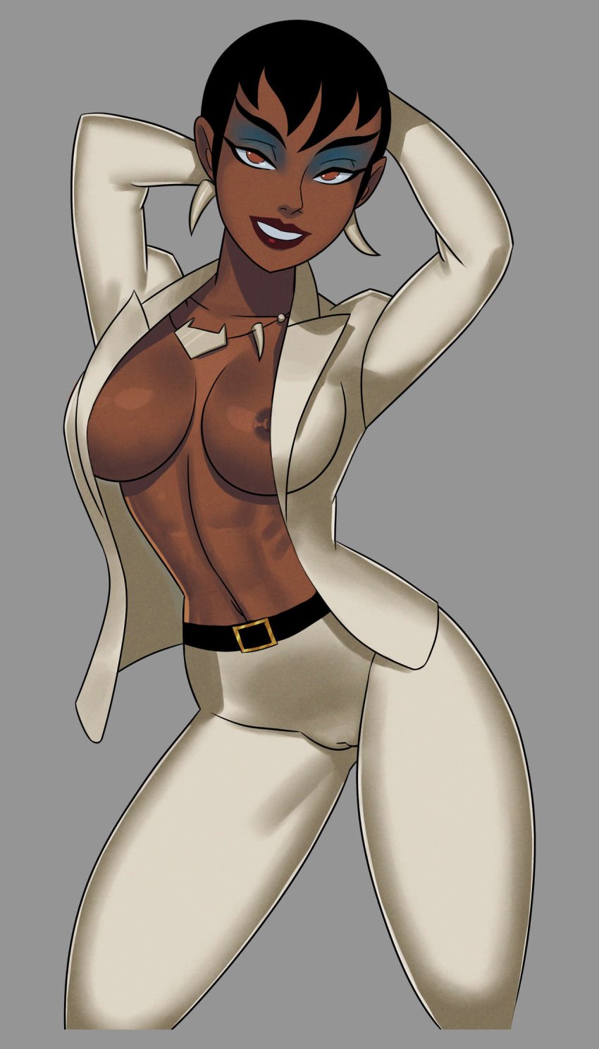 african african_female areolae arms_up big_breasts black_female black_hair blazer bottomless breasts breasts_out business_suit business_woman cameltoe curvaceous curvy dark-skinned_female dark_skin dc dc_comics dcau earrings eyelashes eyeliner eyeshadow female female_focus female_only hourglass_figure jewelry justice_league justice_league_unlimited large_breasts lipstick makeup mari_jiwe_mccabe mascara necklace nipples office office_lady open_blazer pants pinup pose posing short_hair skin_tight something_unlimited standing suit sunset sunsetriders7 tagme vixen_(dc) voluptuous wide_hips