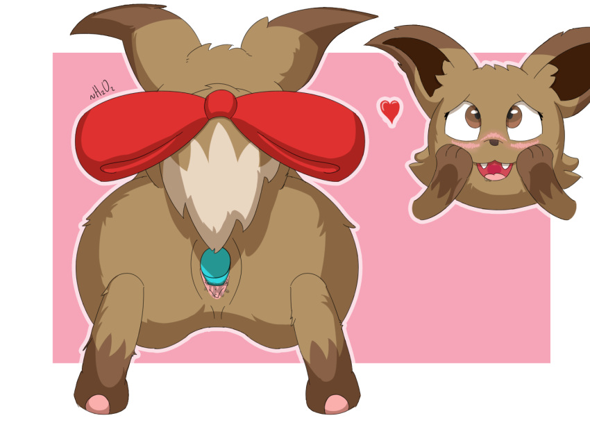 1girls 4:3 ass bodily_fluids bow brown_body brown_eyes brown_fur brown_nose dipstick_ears dipstick_tail drooling eevee emma_the_eevee female feral fur furry genital_fluids h2o2 heart leg_markings markings multicolored_ears multicolored_tail nintendo original_character pawpads penetration pink_pawpads pokémon_(species) pokemon pokemon_rgby pussy pussy_juice rear_view ribbons saliva sex_toy smile snout socks_(marking) solo tail_bow tail_ribbon teeth vaginal_penetration video_games