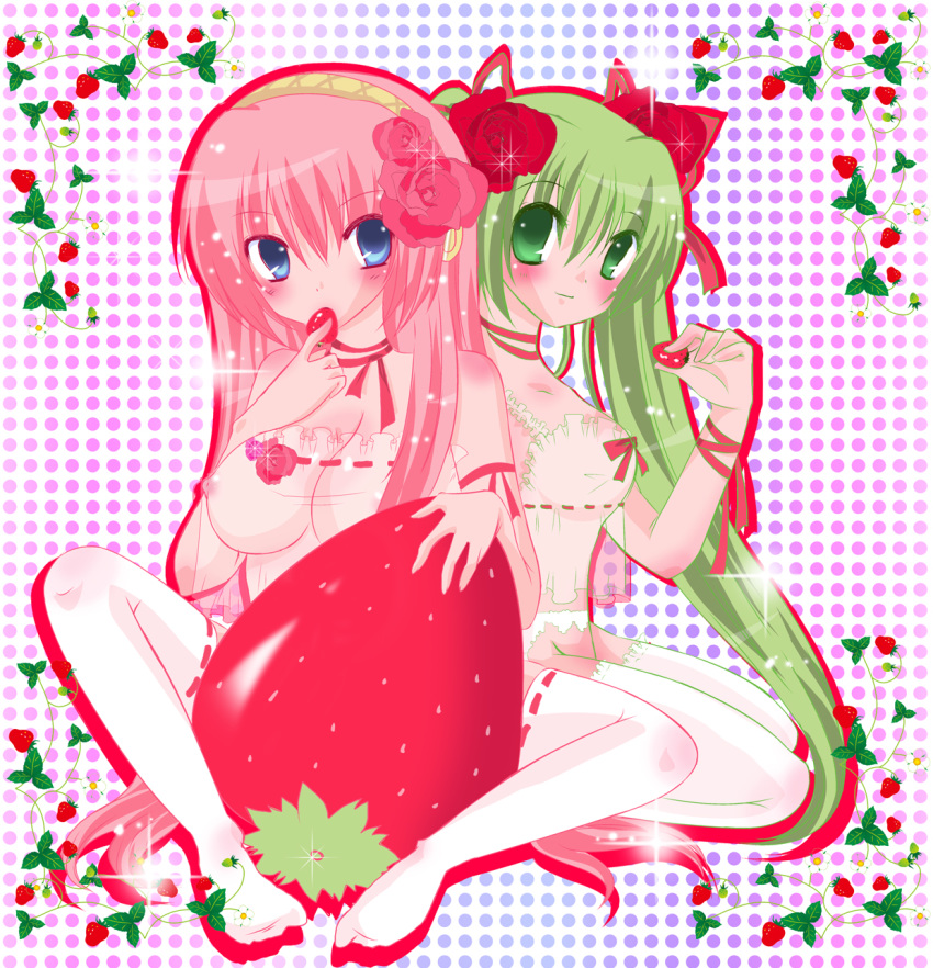 2girls blush camisole erika_(pixiv101500) female female_only flower hatsune_miku highres luka_megurine megurine_luka multiple_girls ragho_no_erika ribbon ribbons rose roses see-through sitting strawberries strawberry thighhighs vocaloid