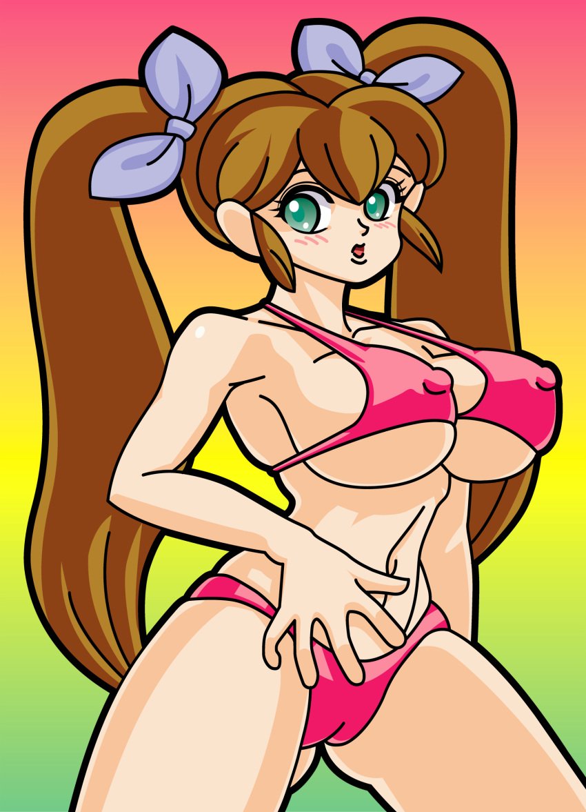 bikini breasts brown_hair cameltoe green_eyes haruka_sumomo long_hair milky_bar mittu02 nipple_bulge pink_bikini standing swimsuit tagme tied_hair twintails