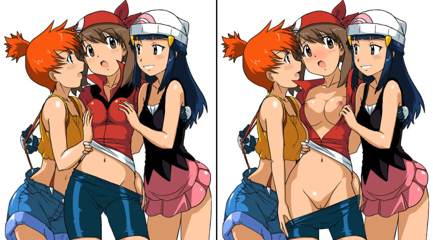 3girls beanie beige_skin bike_shorts bike_shorts_pull blue_hair blush bottomless color dawn_(pokemon) female female_only hair hat human human_only kakkii kasumi_(pokemon) latex may_(pokemon) may_(pokemon_rs) multiple_girls navel nipples no_panties open_clothes open_shirt pokemon pussy red_bandana shirt short_shorts shorts straight_hair suspenders uncensored undressing yuri