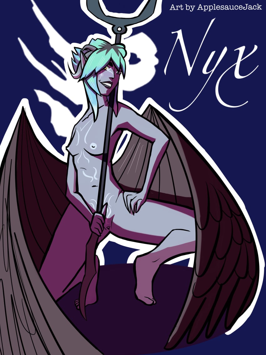 applesauce_jack blue_hair breasts elf elf_ears female female_only grey_skin heterochromia horns nipples nude_female nyx_(the_dragon_prince) pointy_ears skywing_elf smile the_dragon_prince wings