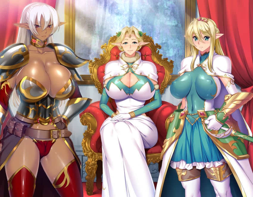 3girls almia_agraliel armor bikini_armor blonde_hair cleavage curvy dark_elf elf elf_girl ephildis_agraliel fantasy female_elf game_cg huge_breasts indoor kyonyuu_elf_oyako_saimin looking_at_viewer lune milf mother mother_and_daughter narrus_linhen official_art queen revealing_clothes skimpy skimpy_clothes white_hair