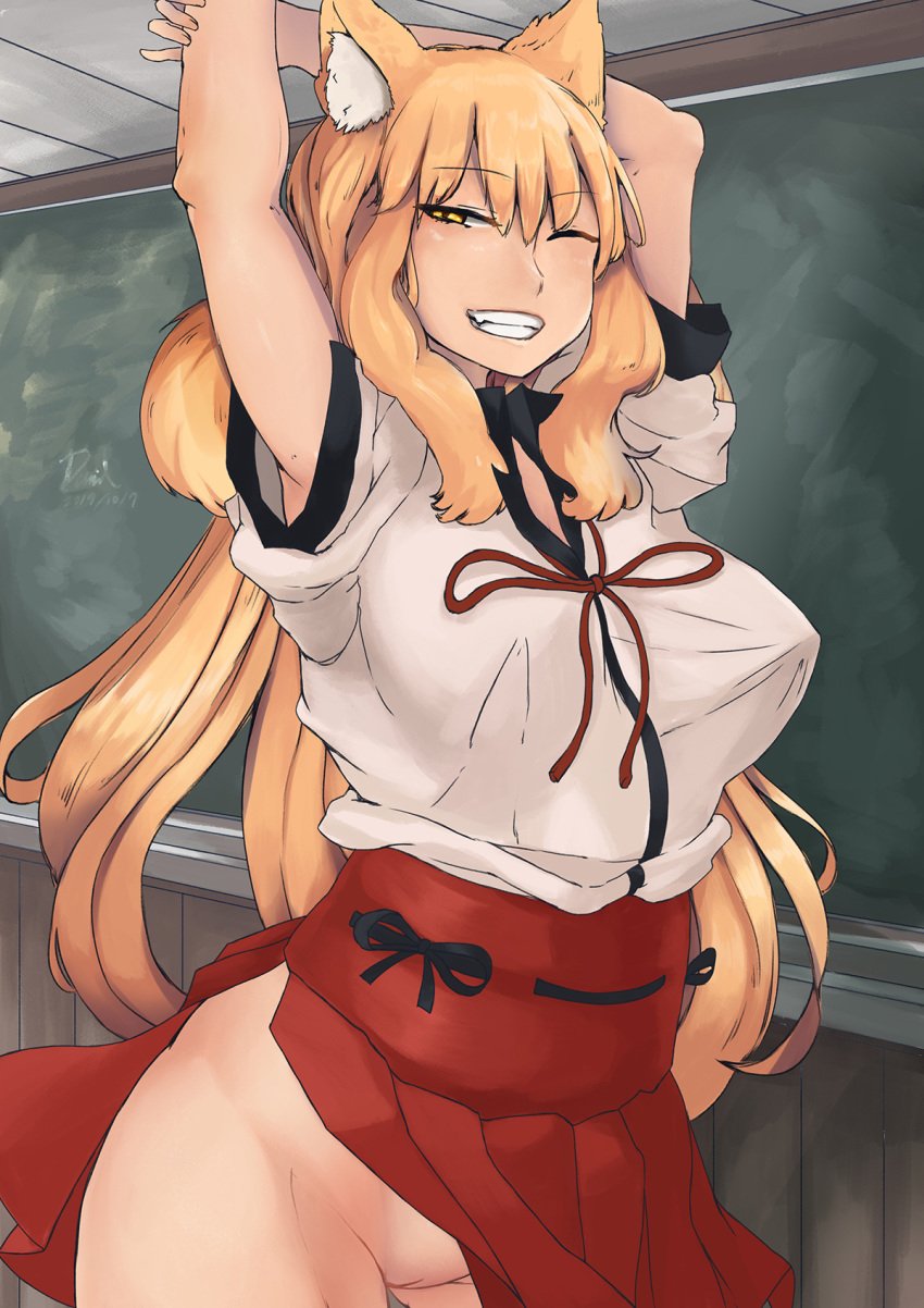 2019 animal_humanoid asian_clothing blonde_hair bow_tie breasts canid canid_humanoid canine canine_humanoid clothed clothing danielsung east_asian_clothing fate/grand_order fate_(series) female fox_humanoid genitals hair hi_res humanoid inner_ear_fluff inside japanese_clothing long_hair looking_at_viewer mammal mammal_humanoid miko_outfit nipple_outline no_underwear one_eye_closed portrait pussy smile solo suzuka_gozen_(fate) three-quarter_portrait tuft wink yellow_eyes