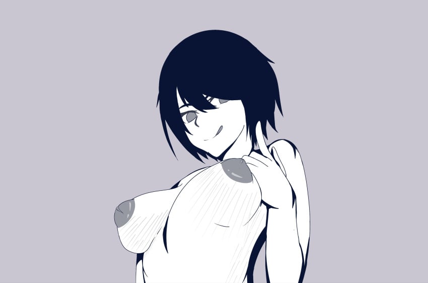 1girls black_and_white bouncing_breasts bust_portrait cute dreadout dreadout_2 eruda female female_focus female_only inverted_nipples linda_(dreadout) pose short_hair tongue_out