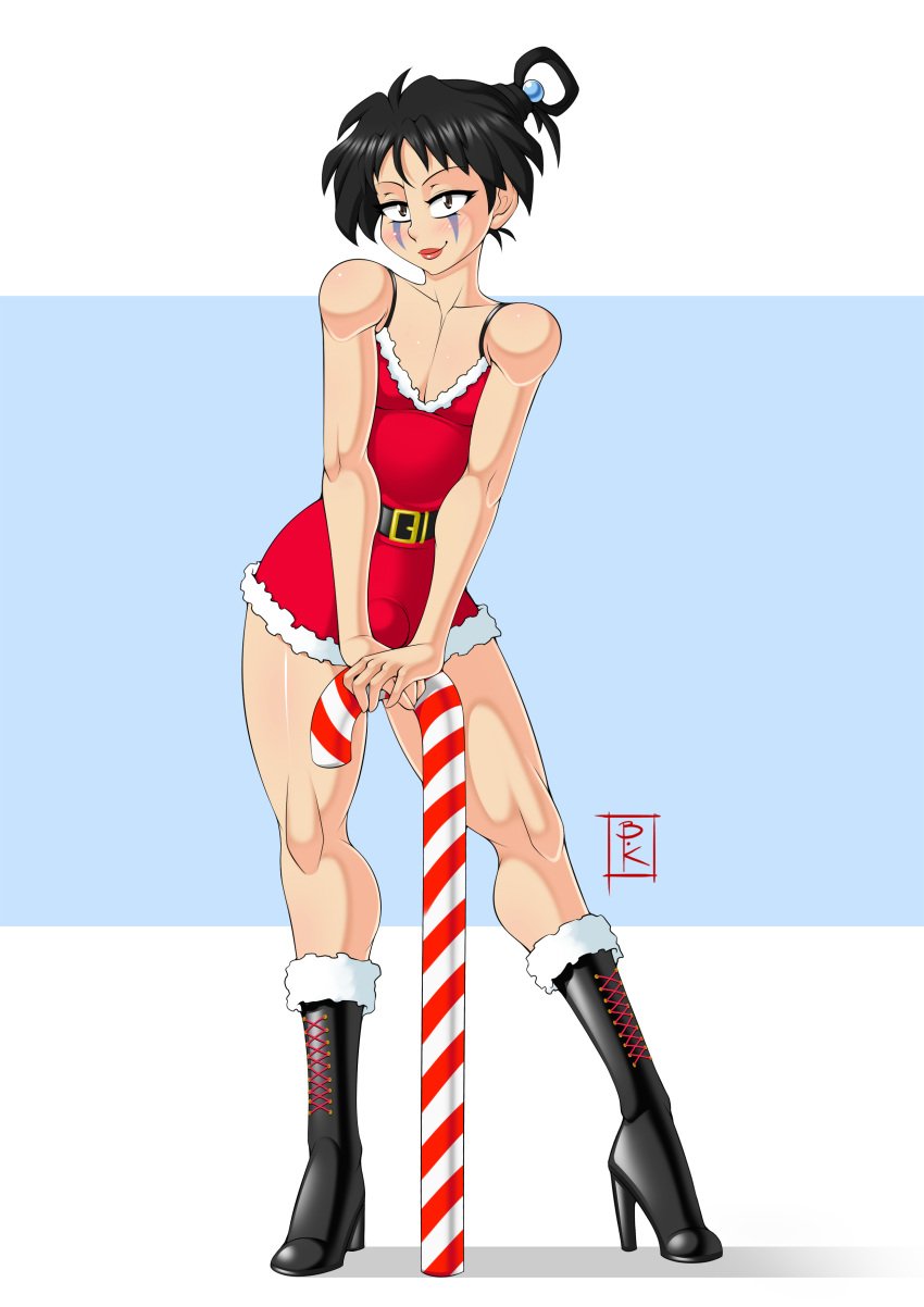 androgynous belt blunt_katana blush blushing bulge candy_cane cane christmas christmas_outfit dress face_paint femboy girly happy high_heels inuyasha jakotsu lipstick male male_only minidress red_dress smile smiling smirk thick_thighs trap wide_hips