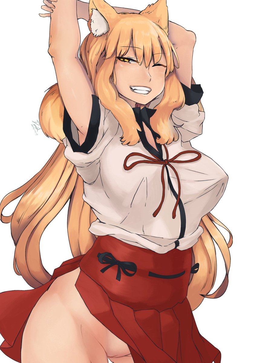 2019 animal_humanoid asian_clothing blonde_hair bow_tie breasts canid canid_humanoid canine canine_humanoid clothed clothing danielsung east_asian_clothing fate/grand_order fate_(series) female fox_humanoid genitals hair hi_res humanoid inner_ear_fluff japanese_clothing long_hair looking_at_viewer mammal mammal_humanoid miko_outfit nipple_outline no_underwear one_eye_closed portrait pussy smile solo suzuka_gozen_(fate) three-quarter_portrait tuft wink yellow_eyes