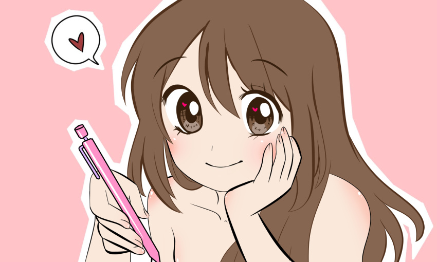 1girls big_eyes brown_eyes brown_hair collarbone cute edit emirichu hand_on_chin heart_eyes holding_pen holding_pencil long_hair looking_at_viewer nude_female pen simple_background smile solo solo_focus t_x youtube youtuber