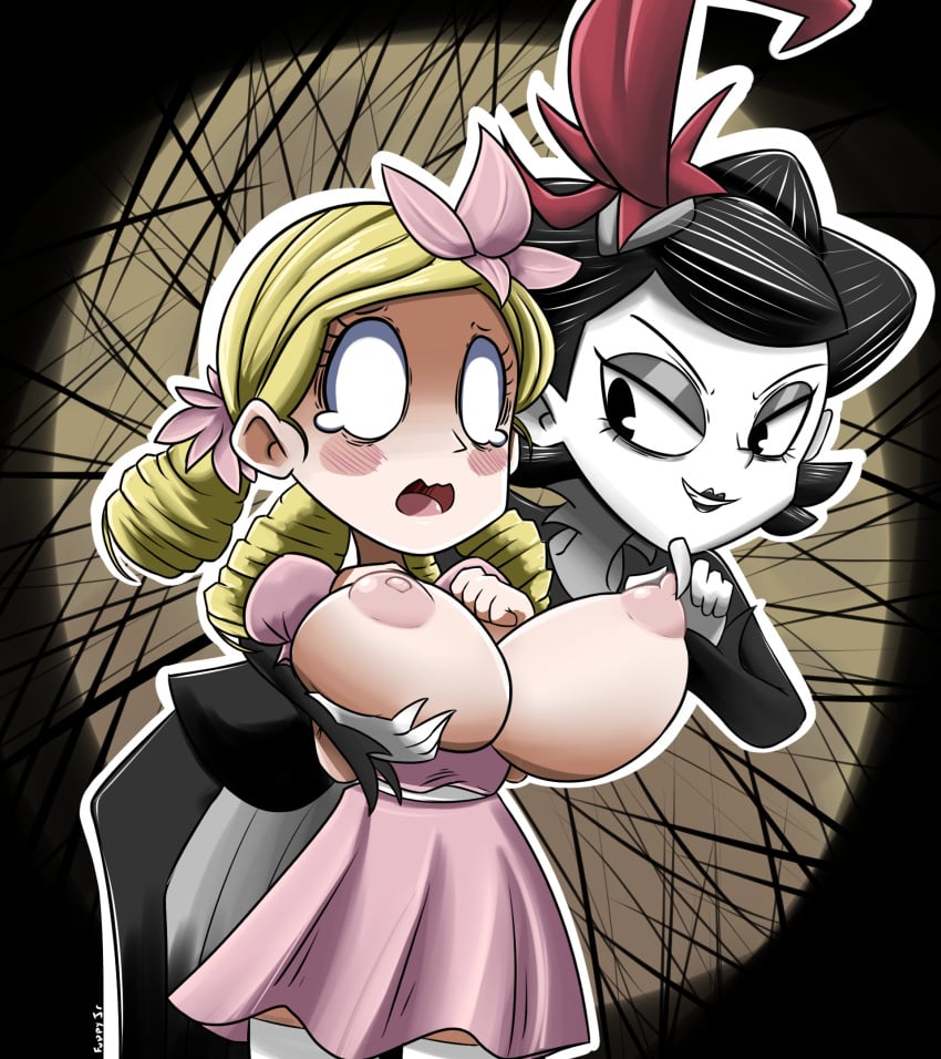 2girls areolae bare_breasts blonde blonde_female blonde_hair blush blushing breast_grab breasts breasts_out charlie_(don't_starve) clothed clothed_female clothing dark_hair don't_starve don't_starve_together dont_starve dont_starve_together dress embarrassed eyeshadow female female_focus female_only fuppy-jr goth gothic hair holding_breast huge_breasts human human_female human_only klei_entertainment lipstick long_hair makeup multiple_girls nipple_pinch nipples no_bra open_smile smile smiling surprised tears teeth tongue wendy_(don't_starve) western_art yellow_hair yuri