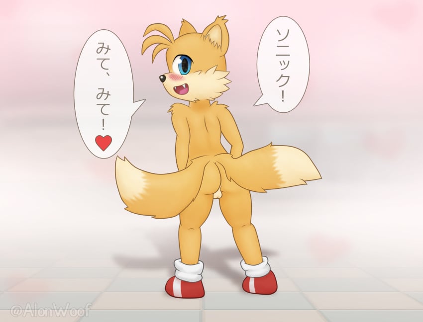 2020 alonwoof anthro ass backsack balls blue_eyes canid canine casual_nudity clothing digital_media_(artwork) footwear fox fur genitals heart hi_res japanese_text legwear looking_at_viewer male male_only mammal multi_tail nude open_mouth shoes simple_background smile socks solo sonic_(series) sonic_the_hedgehog_(series) tails text translation_request video_games white_body white_fur yellow_body yellow_fur young