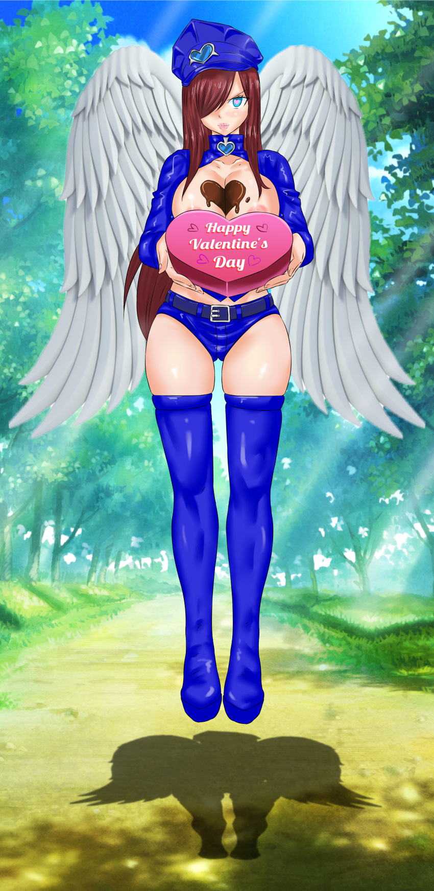 angel angel_wings big_breasts commission cop copykat copykatcomicsdeviantart_copykatcomics erza_scarlet fairy_tail gift heart-shaped_pupils lipstick patreon_becauseiloveyourfeet red_hair valentine's_day valentines_day