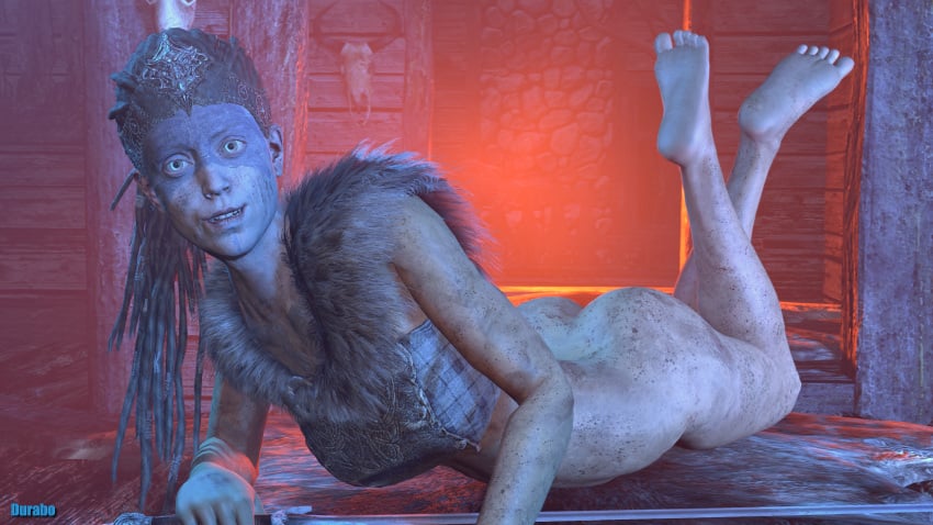 3d areolae ass barefoot blue_eyes breasts brown_hair bubble_butt dirty_feet durabo eyelashes feet female female_focus female_only hellblade long_hair nipples nude pose posing pussy senua soles solo tagme the_pose tied_hair vagina