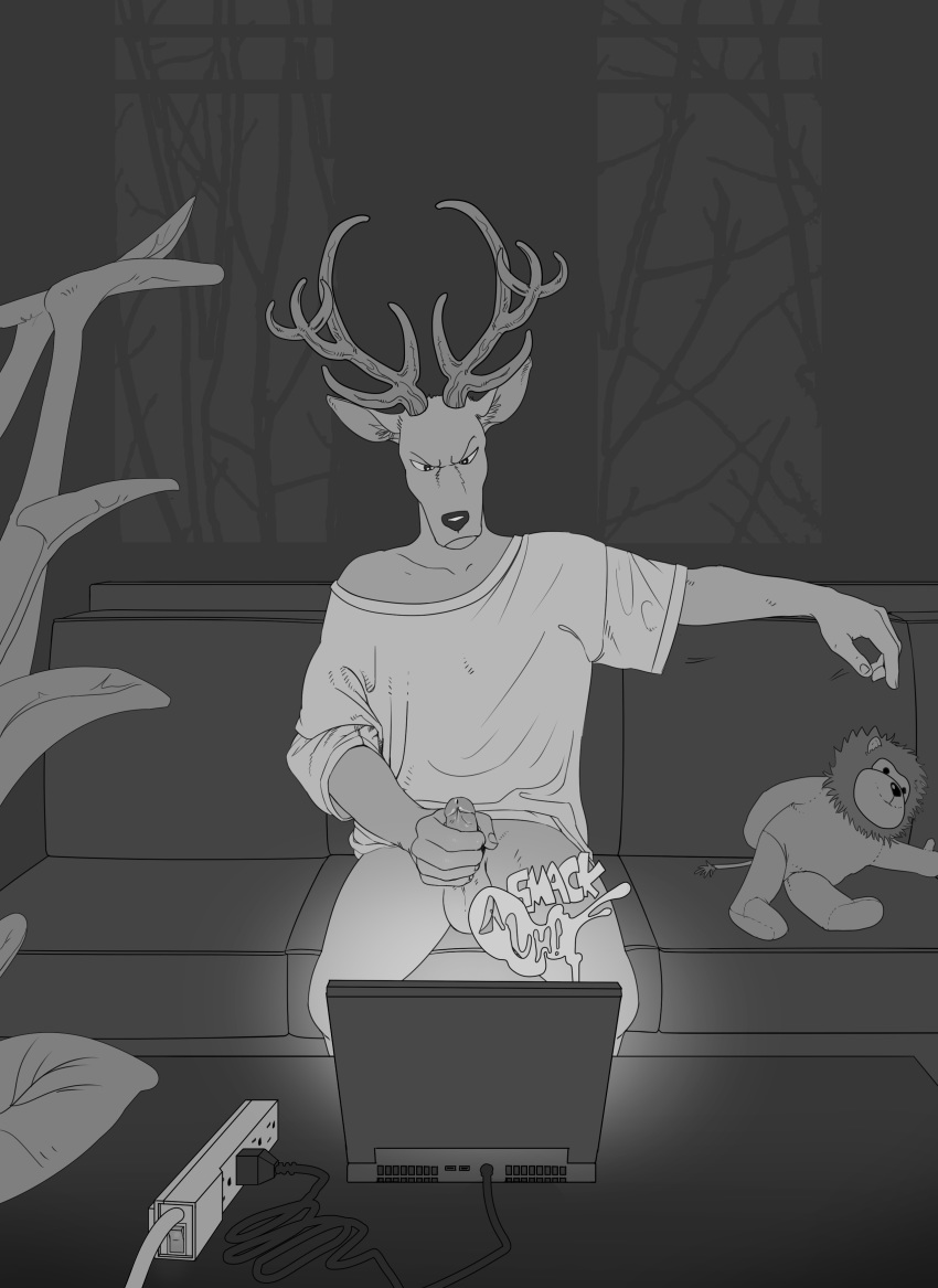 anthro antlers beastars buck cervine deer louis_(beastars) male male_only masturbation penile_masturbation penis smagma solo watching_porn