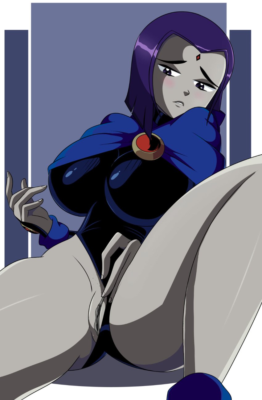 1girls big_breasts black_eyes black_leotard blush blushing cape cartoon_network cloak dc dc_comics demon_girl female female_only forehead_jewel gem_on_head grey_skin half_demon leotard masturbation no_panties pale-skinned_female purple_eyes purple_hair pussy rachel_roth raven_(dc) short_hair solo solo_female solo_focus sonson-sensei straight_hair superheroine teen_titans thick_thighs