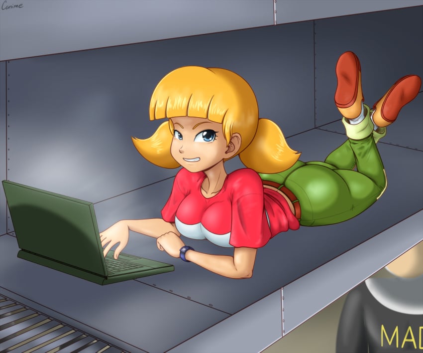 1girls aged_up ass big_ass big_breasts blonde_hair blue_eyes breasts canime clothed_female clothing computer electronics female female_only footwear hiding human inspector_gadget laptop laying_down lying on_stomach penny_gadget posing sensual smile smooth_skin solo text the_pose ventilation_shaft