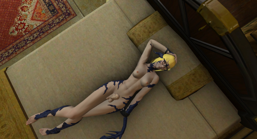 1futa au_ra blonde_hair curves final_fantasy final_fantasy_xiv full-package_futanari futanari glasses gpose(ffxiv) hand_on_head laying_down legs navel ponytail scales screencap seductive seductive_smile small_breasts solo_futa tail threnody