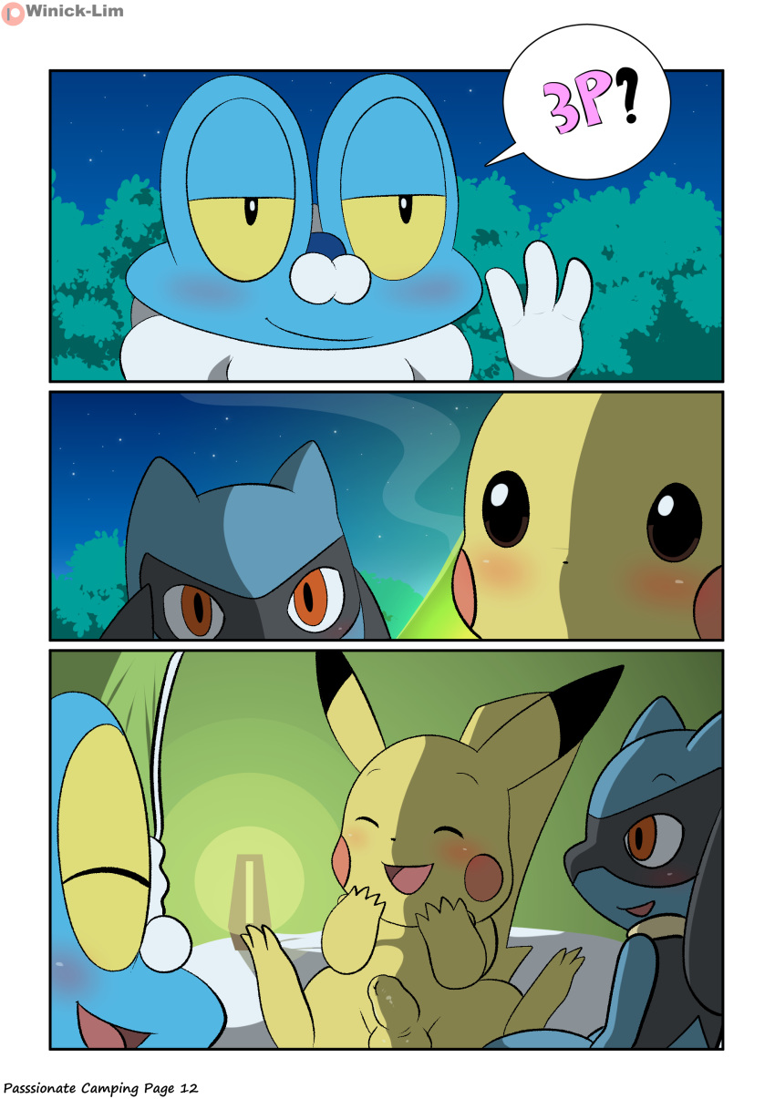absurd_res ambiguous_gender anthro blush comic froakie frog furry hi_res inviting male male_only nintendo patreon penis pikachu pokémon_(species) pokemon pokemon_(species) pokemon_dppt pokemon_rgby pokemon_xy riolu rodent source_request text video_games watermark winick-lim
